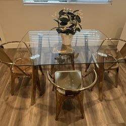 Glass Kitchen Table w/4 Gold Metal Chairs