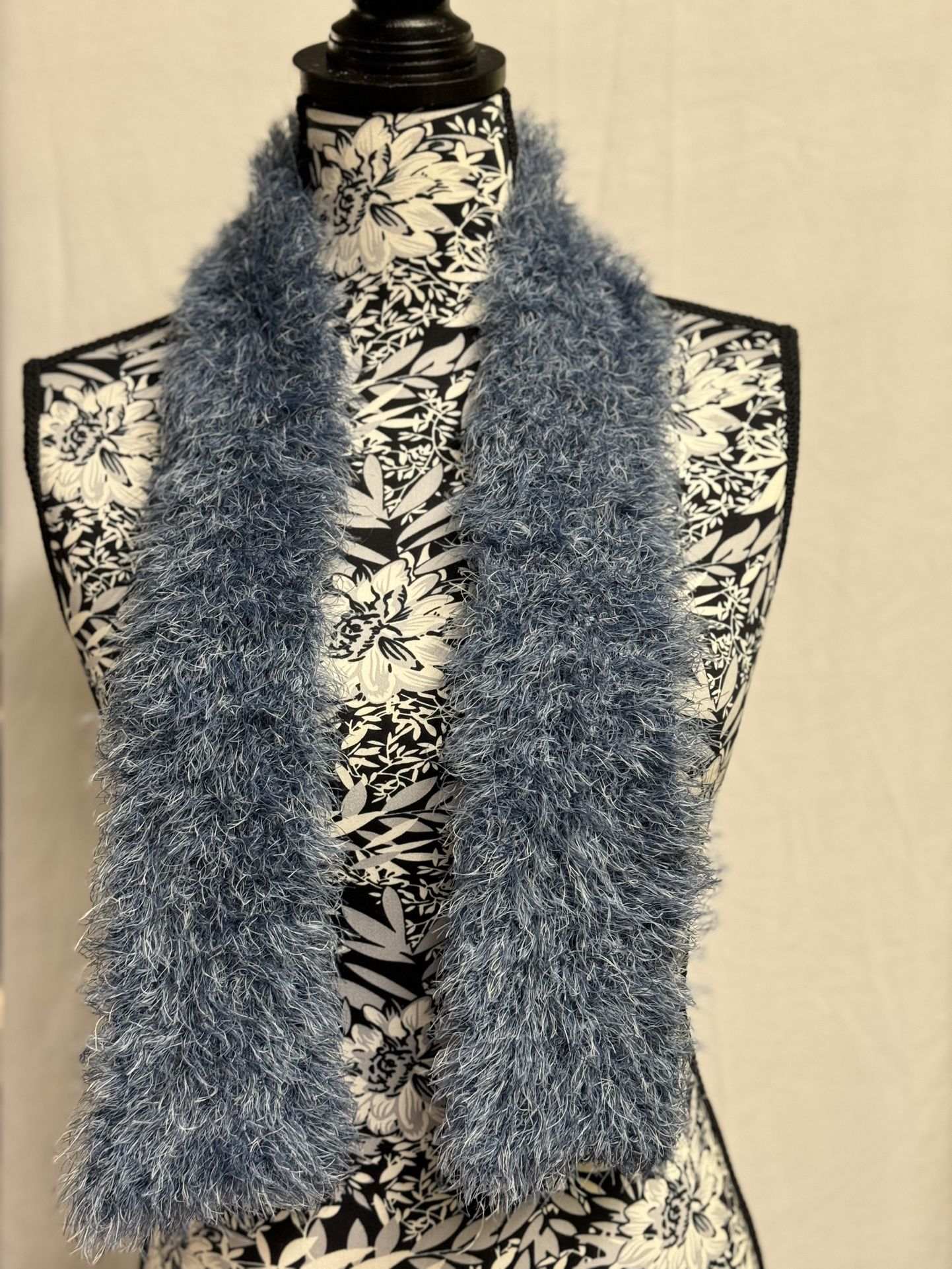scarf-handmade knitted blue with fun fur yarn light weight and airy