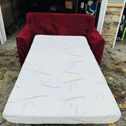 Burgundy Red Sleeper Armchair Sofa Pull Out Bed Bamboo Mattress SOFT Space Saver Apartment Dorm Rv