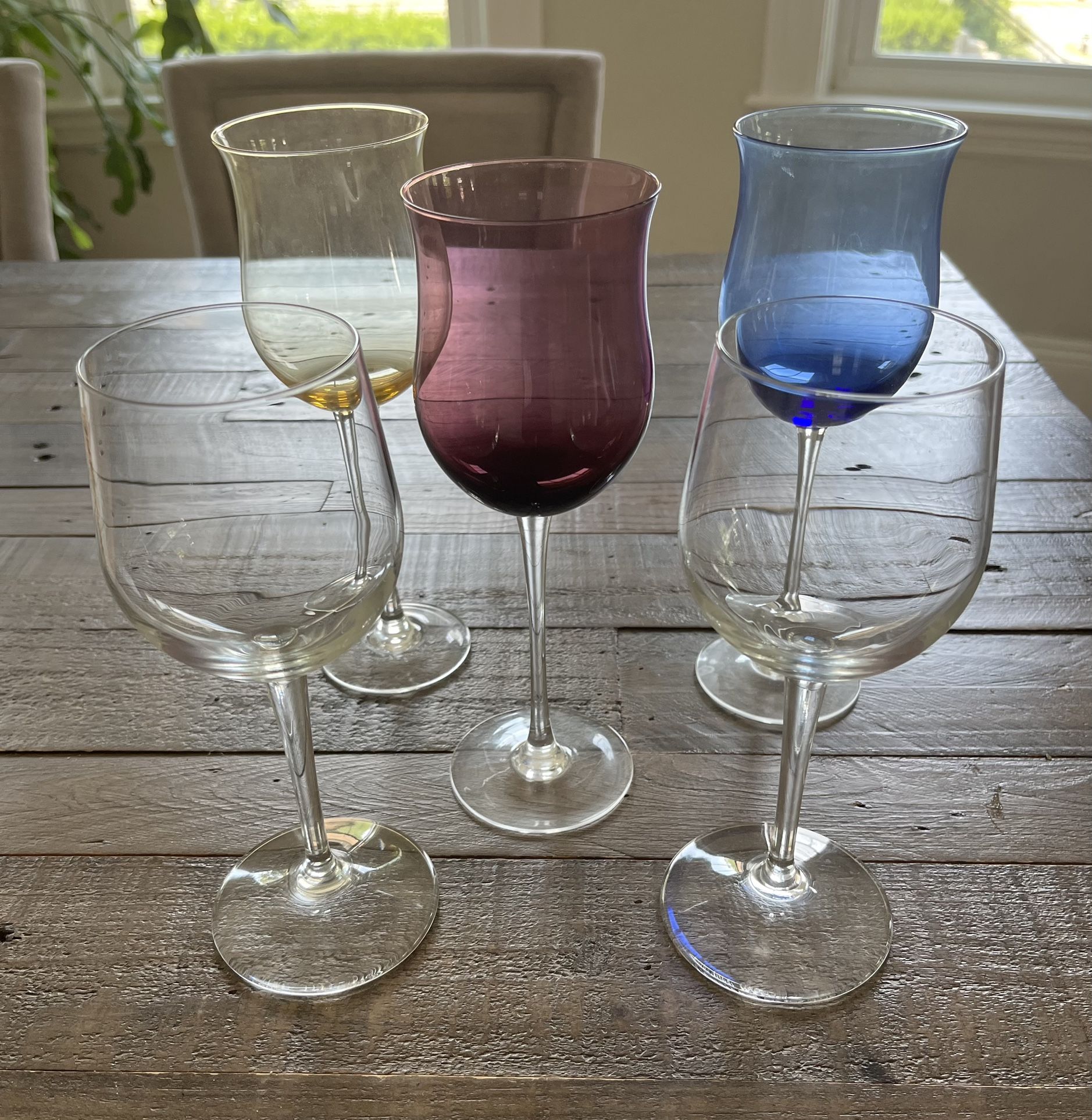 Lot of 5 Wine Glasses—2 New, 3 Vintage (Colors)