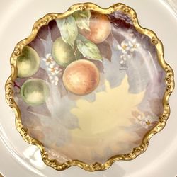 Vintage Limoges France Artistic Porcelain 10” diameter Decorative Plate, Fruit, Blois, with Gold Trim.