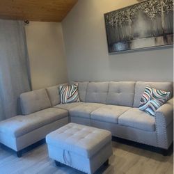 Grey Linen Sectional Couch With Drop Down Table 