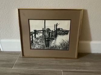 Framed Black and White Dock Sketch Art 17.5x20.5