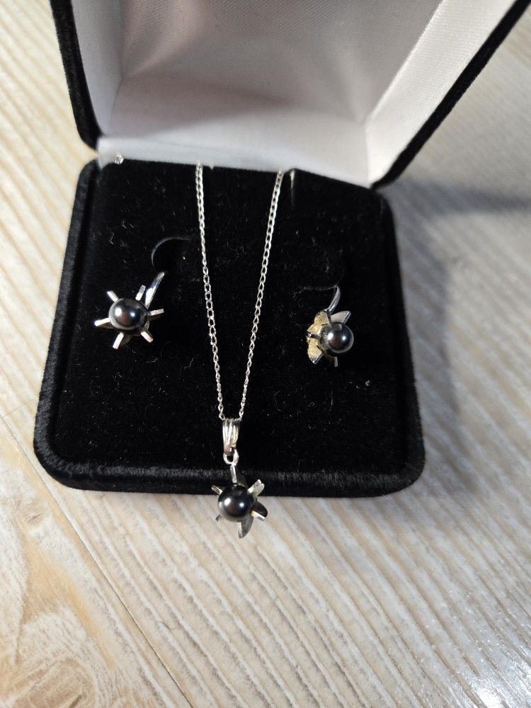 Sterling Silver 925 faux Black Pearl Jewelry Set 
