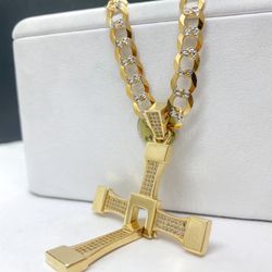14k solid gold Cubana Diamond cut chain and cross pendant , necklance gold pendant