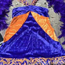 Real Deal JONES MOMMA Costume Psychedelics, Spotted, Faux, Fur, Crushed Velvet Dress & A Purple Feather Boa Size One Size Fits Most 