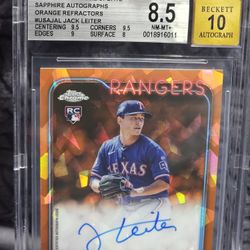 a limited edition autographed trading card featuring baseball player Jack Leiter from the Texas Rangers. This 2024 Topps Chrome Update 