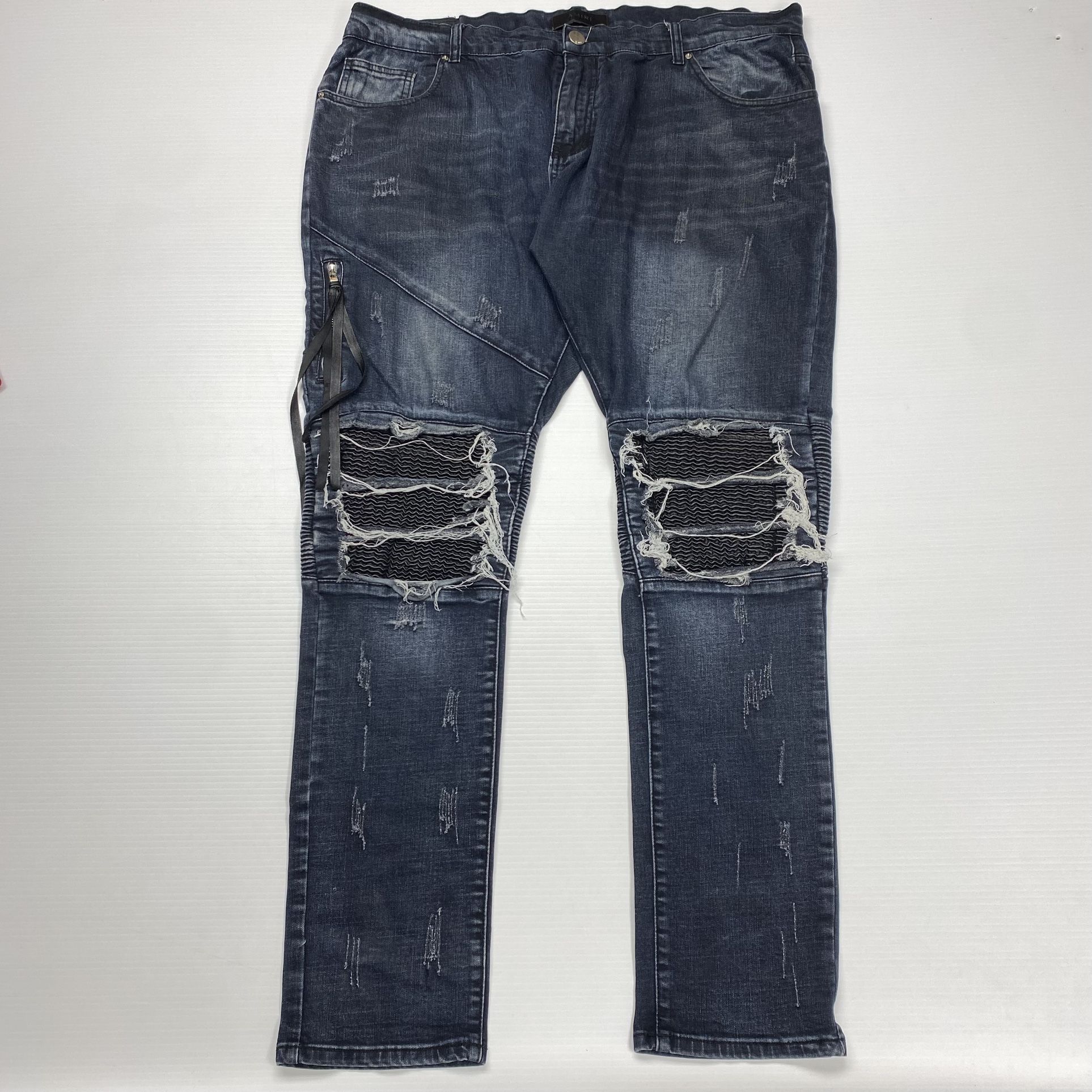Amiri MX1 Leather Repaired Distressed Dark Wash Blue Jeans...
