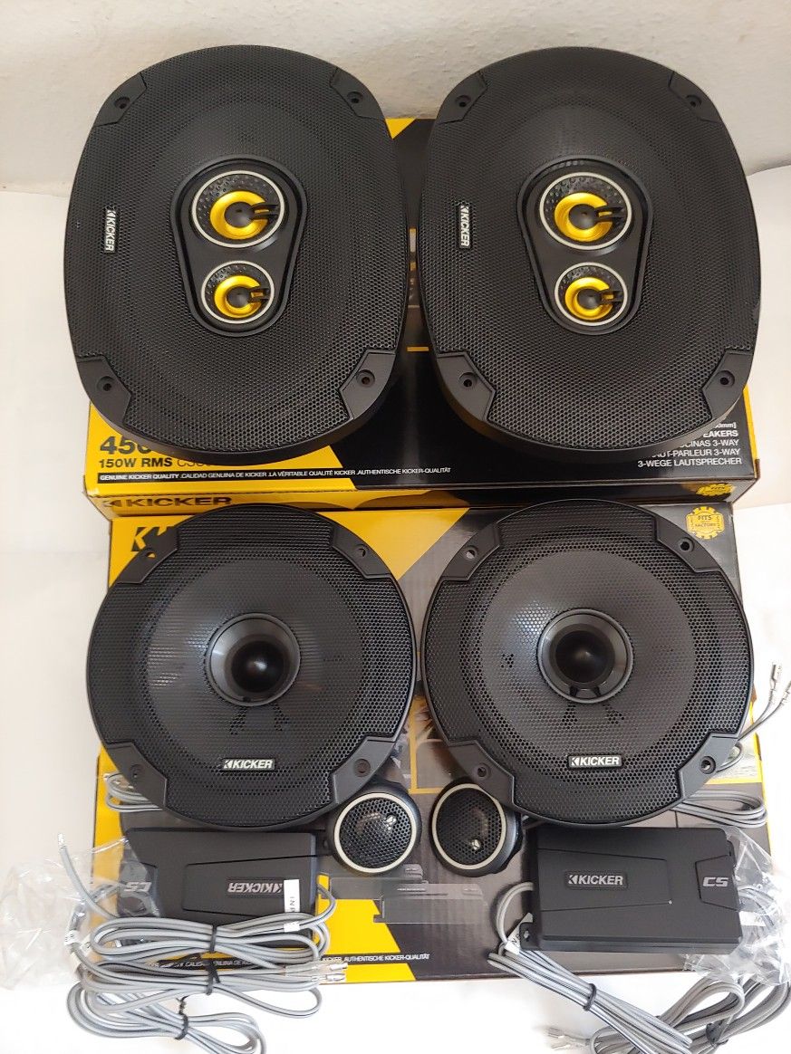 KICKER 1 PAIR 6.5" 300 WATTS COMPONENT SET WITH CROSSOVER & 1 PAIR 6×9 3 WAY 450 WATTS CAR SPEAKER ( BRAND NEW PRICE IS LOWEST INSTALL NOT AVAILABLE )