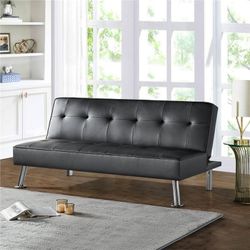 Tufted Faux Leather Sofa Bed Convertible Futon With Chrome Metal Legs, Black