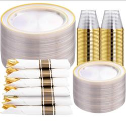 350PCS Clear Gold Plastic Dinnerware Set for 50 Guests Gold Plates Disposable Include: 50 Dinner Plates, 50 Dessert Plates,50 Pre Rolled Napkins with 