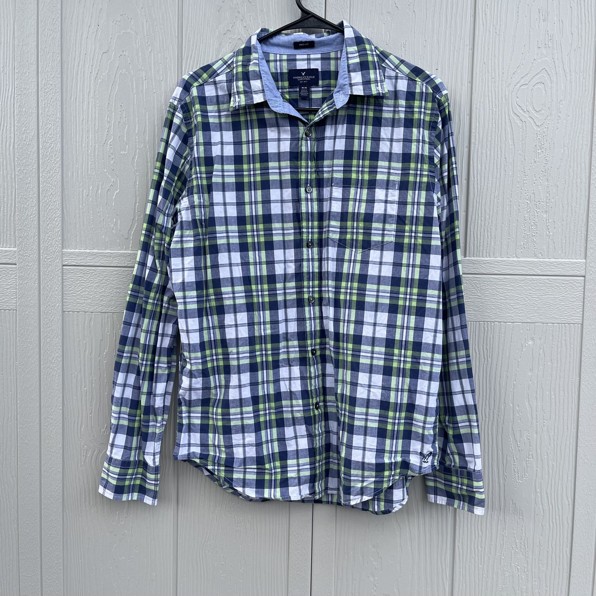 American Eagle Men’s Lime Green Navy Plaid Button Down Shirt Prep Fit Size M