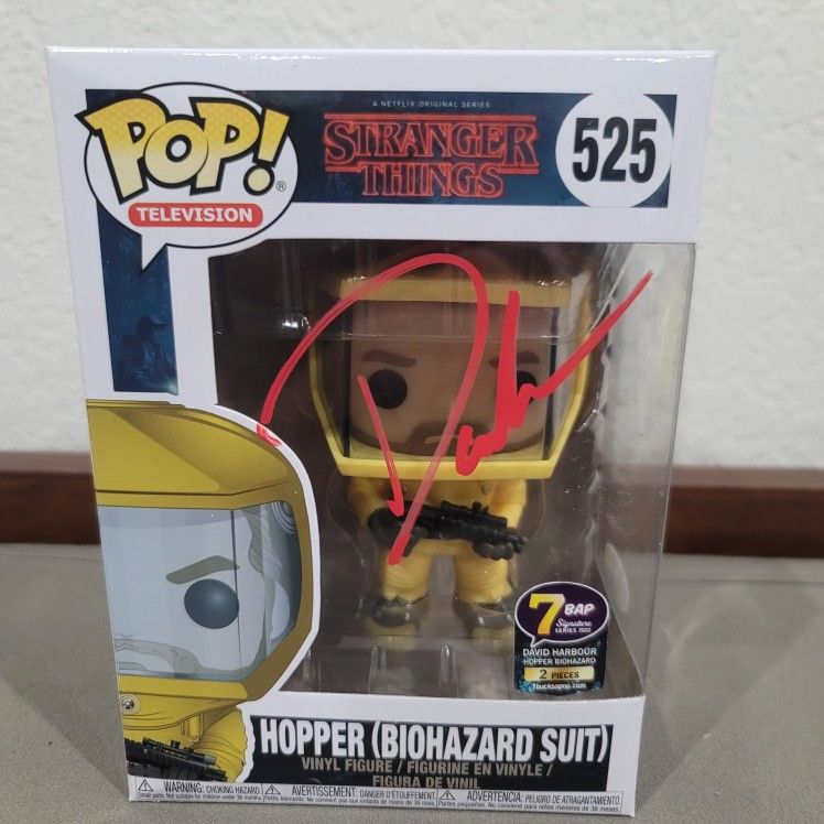Funko POP David Harbour Signed Stranger Things Hopper (Biohazard Suit) 525 7 BAP Limited of 2 Pieces