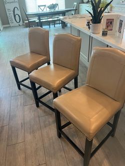 Set of 3 Tan Faux Leather Counter Stools with Nailhead Trim