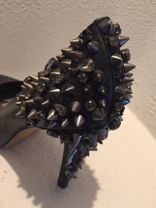 Sam Edelman Black leather heels w/ metal spikes and rhinestones.