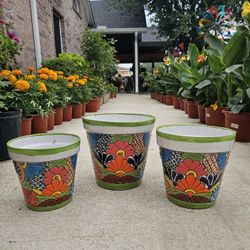 Talavera Green Rim Set Of 3 Vases. Clay Pots, Planters,Plants, Pottery. $75 cada set de 3