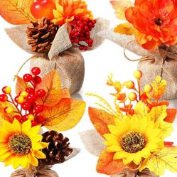 4 Pcs Fake Fall Potted Plants Faux Thanksgiving Floral Arrangements with Artificial Pumpkin Sunflower Maple Leaf Berry Bouquet for Autumn Harvest Home