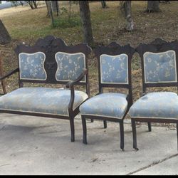 Antique Bench With 2 Chairs (Blue With White Flowers)