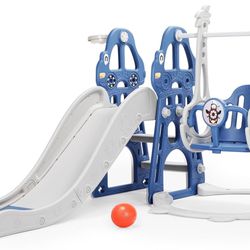 4 in 1 Toddler Swing and Slide Set for Age 1-6 Indoor Playground for Children Baby Swing Set with Slide, Climber, Basketball Hoop and Long Slid