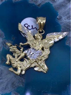 $625 Two Tone Yellow and White Gold Saint Michael the Archangel Religious Charm Pendant