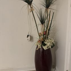 Maroon Red Vase With Flowers & Palm Plant