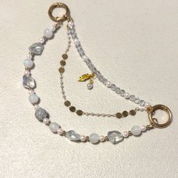 Phone Chain multi-strand beaded leaf/pearl charm & crystal beads