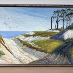 Original Oil Painting Landscape By Cuban Artist Carlos Lacamara 24x36” Ocean Sea Nature Trees Cliff Seagulls Framed 