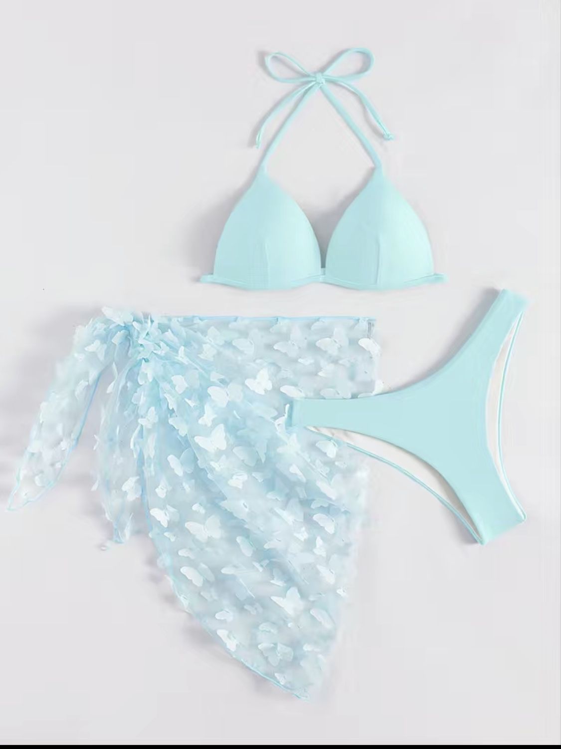 Light Blue Halter Bikini Set + 3D Sarong - Size Large Trendy Beachwear for a Stunning Look!