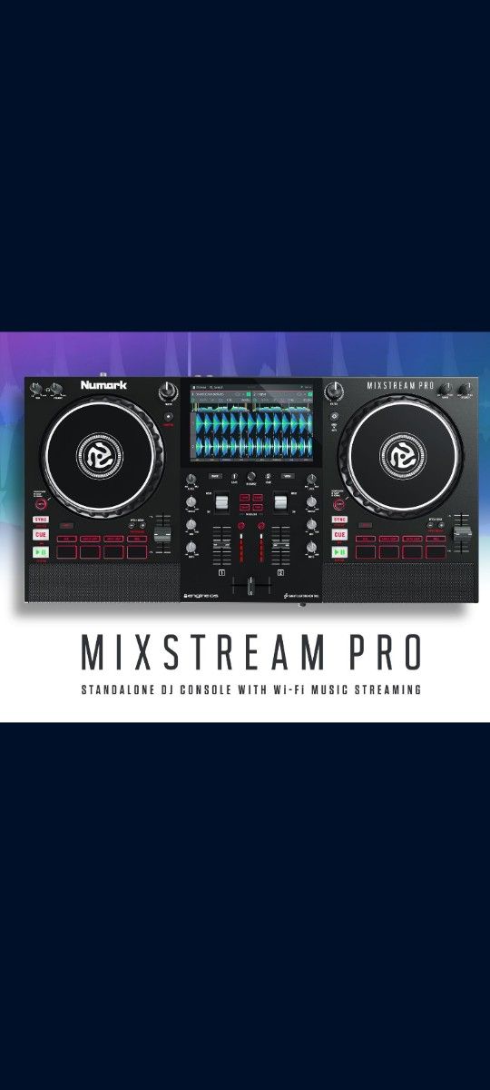 Numark Mixstream Pro DJ Controller with Stem Separation, 2 Decks, Wi-Fi Streaming, Mixer, 7" Touchscreen, Speakers, works with Serato and Virtual DJ