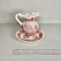 Sweet Little Vintage Red and Cream Transferware Pitcher And Matching Saucer. 