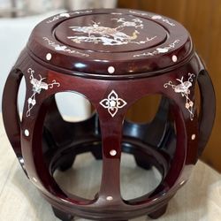 Vintage Chinese Rosewood Drum Stool with Mother-of-Pearl Inlay