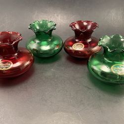 VTG ANCHOR HOCKING ROYAL RUBY & FOREST GREEN RUFFLED TOP BULB VASES, 3" TALL—$10  Each
