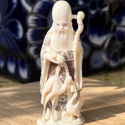 Signed Vintage Japanese Carved Netsuke: Jurōjin with Cranes (Representing Longevity)