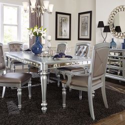 SILVER MIRRORED FINISH 7 PIECE DINING TABLE SET VINTAGE GLAM VIBE