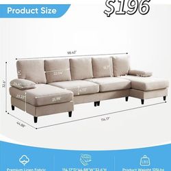 😀 114" U-Shaped Living Room Sofa Set, Linen Fabric Sectional Soft Couch, 4 Seat Modern Couches with Removable Pillows for Living Room, Bedroom