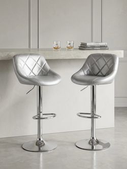 Set of 4 New Swivel Bar Stools – Modern Silver Diamond-Quilted Barstools