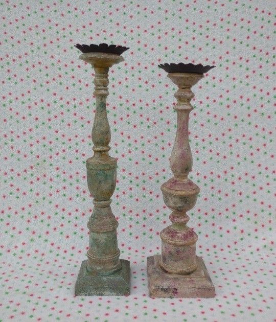 DISTRESSED WOOD LUMIERE CANDLESTICK CANDLE HOLDERS SET OF 2