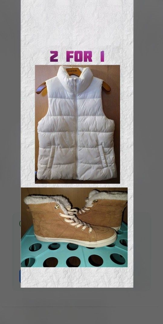 2 for 1 OLD NAVY SMALL WHITE PUFFER VEST AND SIZE 8 WALNUT HIGH RISE BOOTS LINED WITH COSY FAUX FIR