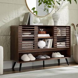 NEW46ET-DWT $60  46" Entryway Table with Slatted Sliding Door, Mid Century Modern Console Table w/Adjustable Storage Shelf, Wood Sofa Table Behind Cou
