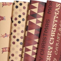 Christmas Wrapping Paper Kraft Flat 8 Sheets Forest Animals, Polka Dots, Triangles, Merry Christmas