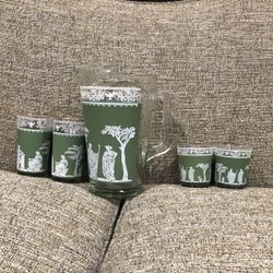 5 PCs Vintage Jeanette Green Pitcher  and 4 Glasses 
