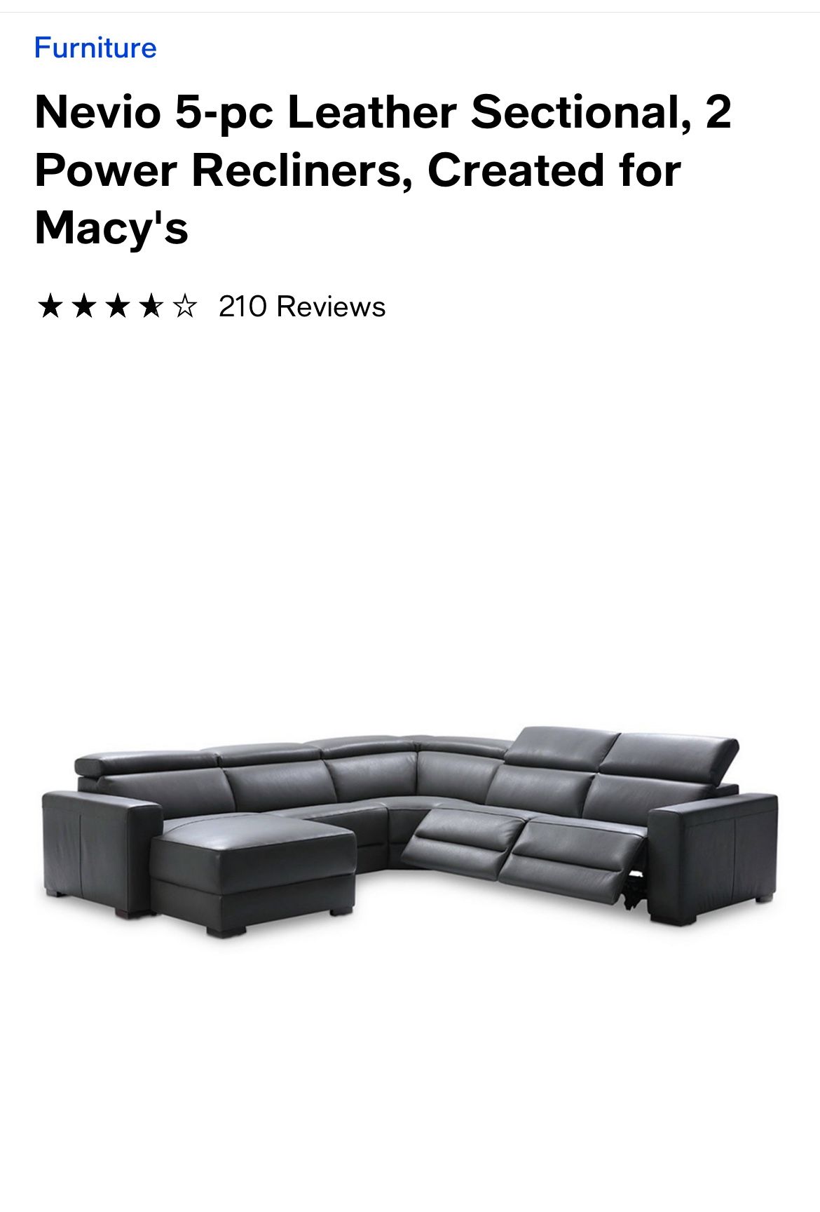 Natuzzi Nevio 5-pc Leather Smoke Grey Sectional W/2 Power Recliners And a Chase Lounge