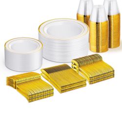 300 PCS Gold Dinnerware Set for 50 Guests, Gold and White Disposable Plastic Plates for Party, 50 Dinner Plates, 50 Salad Plates, 50 Cups Forks Knives