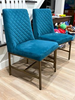 Firm Price Set of 2 Modern Teal Velvet Dining / Accent Chairs – Gold Metal Legs.