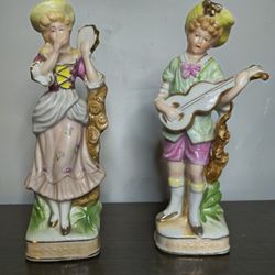Vintage Pair Ceramic Figurines Hand Painted Musicians