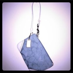 Coach Light Blue Signature Jacquard White Leather Wristlet