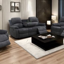 Charcoal Gray Microfiber Fully Reclining Three Piece Couch Set