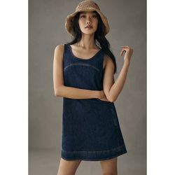 PILCRO Dark Wash Denim Shift Snap Button Straps Overall Summer Mini Jean Dress