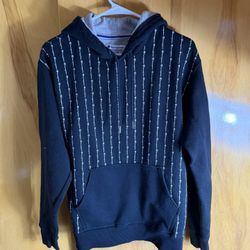 black Champion Powerblend pullover hoodie with an all-over vertical logo pinstripe design