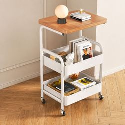 NEW] Rolling Cart with Wood Top, Metal Mesh Side Table Organizer